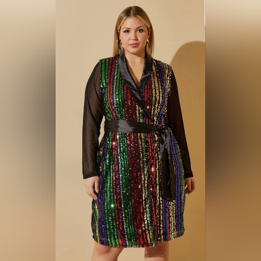 Multicolor Sequined Wrap Tuxedo Dress with Mesh Sleeves by Ashley Stewart, 26/28